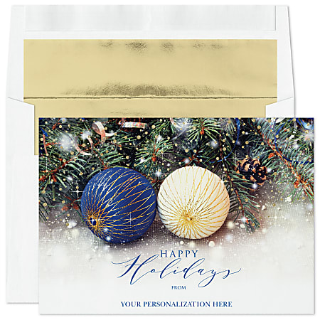 Custom Full-Color Holiday Cards And Foil Envelopes, 7-7/8" x 5-5/8", Ornamental Greenery, Box Of 25 Cards