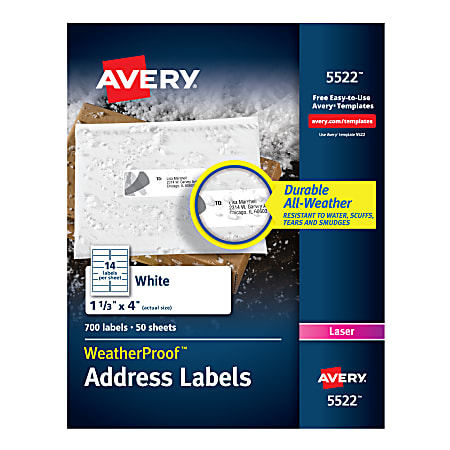 Avery® WeatherProof Mailing Labels with TrueBlock Technology, AVE5522, Permanent Adhesive, 1 21/64"W x 4"L, Rectangle, Laser, White, Polyester, 14 Per Sheet, Pack Of 700