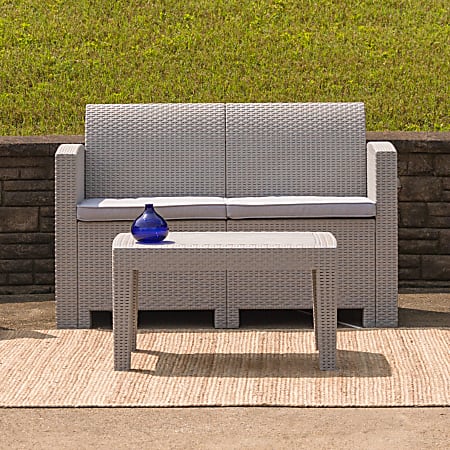 Flash Furniture Faux Rattan Loveseat With All-Weather Cushions,