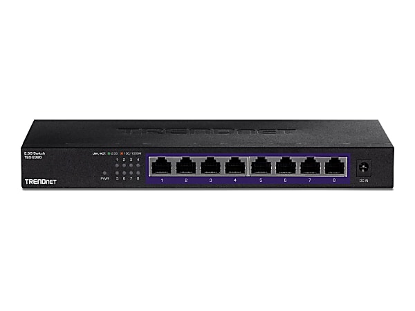 TRENDnet 8-Port Unmanaged 2.5G Switch, 8 x 2.5GBASE-T Ports, 40Gbps Switching Capacity, Backwards Compatible with 10-100-1000Mbps Devices, Fanless, Wall Mountable, Black, TEG-S380 - 8 Ports