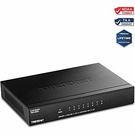 TRENDnet 8-Port Unmanaged 2.5G Switch, 8 x 2.5GBASE-T Ports, 40Gbps Switching Capacity, Backwards Compatible with 10-100-1000Mbps Devices, Fanless, Wall Mountable, Black, TEG-S380 - 8 Ports