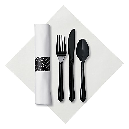 CaterWrap Pre-Rolled Cutlery, Mystic Linen-Like Napkin, Black/White, Case Of 200 Rolls