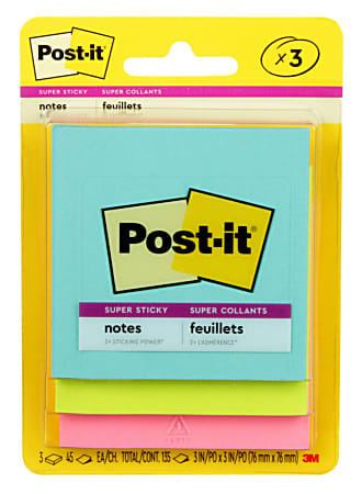 Post-it Super Sticky Notes, 3 in x 3 in, 3 Pads, 45 Sheets/Pad, 2x the Sticking Power, Supernova Neons Collection