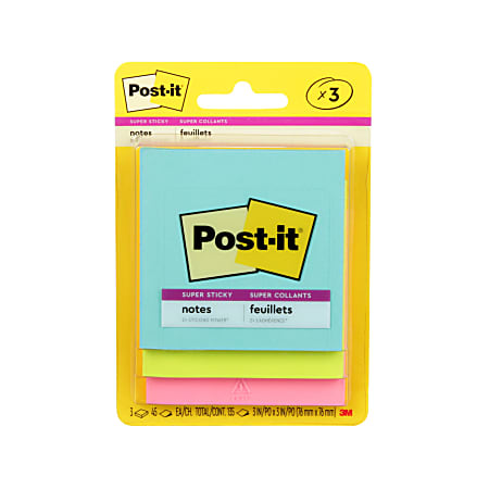 Post-it® Super Sticky Notes, 3 in x 3 in, 3 Pads, 45 Sheets/Pad, 2x the Sticking Power, Supernova Neons Collection
