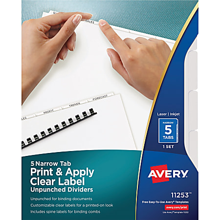 Avery® Index Maker Narrow Tab Print & Apply Clear Label Dividers - Unpunched - 5 x Divider(s) - 5 Tab(s)/Set - 8.5" Divider Width x 11" Divider Length - Letter - Clear Divider - White Tab(s) - 5 / Set