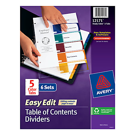 Avery® Ready Index® 30% Recycled Easy-Edit Table Of Contents Dividers, 5 Tabs Per Pack, Multicolor, 6 Packs