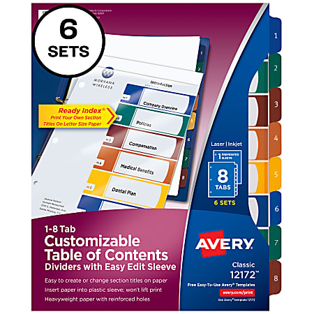 Avery® Ready Index® Easy-Edit Table Of Contents Dividers, 8 Tabs Per Pack, Multicolor, 6 Packs