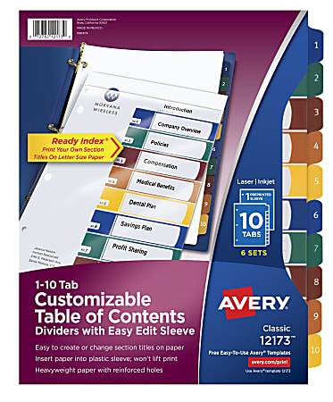 Avery® Ready Index® Easy-Edit Table Of Contents Dividers, 10 Tabs Per Pack, Multicolor, 6 Packs