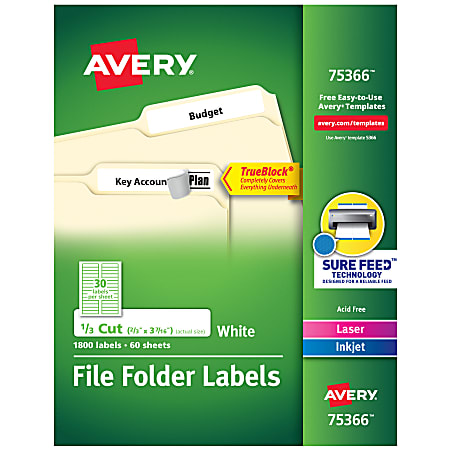 Avery® TrueBlock® File Folder Labels With Sure Feed® Technology, 75366, Rectangle, 2/3" x 3-7/16", White, Pack Of 1,800
