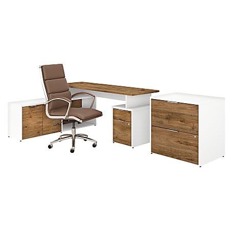 Bush Business Furniture Jamestown 72"W L-Shaped Desk With Lateral File Cabinet And High-Back Office Chair, Fresh Walnut/White, Standard Delivery