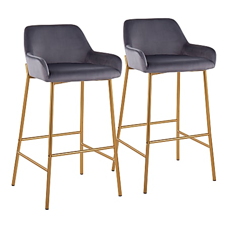 LumiSource Daniella Counter Stools, 38" Fixed Height, Velvet, Silver/Gold, Set Of 2 Stools