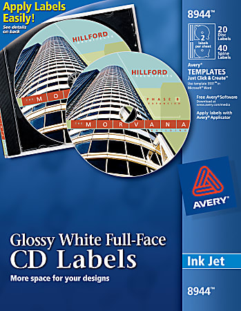 Avery® Full-Face Permanent Adhesive CD Labels, 8944, Round, 4 1/2" Diameter, Glossy White, Pack Of 20 Disc And 40 Spine Labels
