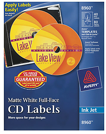 Avery® Print-to-the-Edge CD Labels, 8960, Round, 4.5" Diameter, White, 40 Disc Labels And 80 Spine Labels