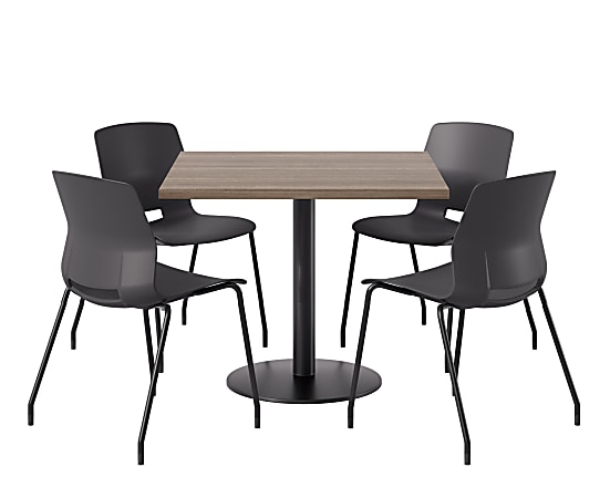 KFI Studios Proof Cafe Pedestal Table With Imme Chairs, Square, 29”H x 42”W x 42”W, Studio Teak Top/Black Base/Black Chairs