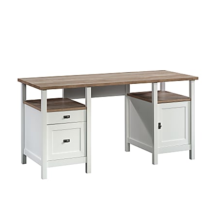 Sauder® Cottage Road 60"W Double-Pedestal Computer Desk With Open Shelf, White/Lintel Oak