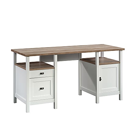 Sauder Cottage Road 60 W Double Pedestal Computer Desk With Open Shelf WhiteLintel Oak Office Depot