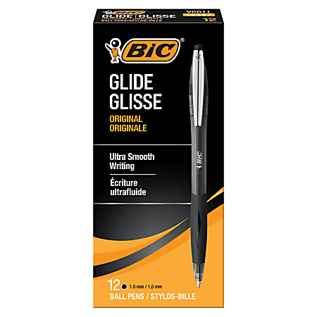 BIC Glide Retractable Ballpoint Pens, Medium Point, 1.0 mm, Clear Barrel, Black Ink, Pack Of 12