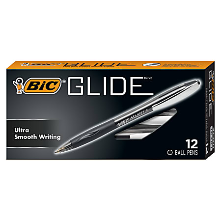 BIC Glide Retractable Ballpoint Pens, Medium Point, 1.0 mm, Clear Barrel, Black Ink, Pack Of 12