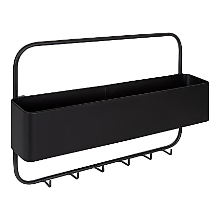 Kate and Laurel Yeager Metal Wall Pocket With Hooks, 14”H x 21”W x 4-1/2”D, Black