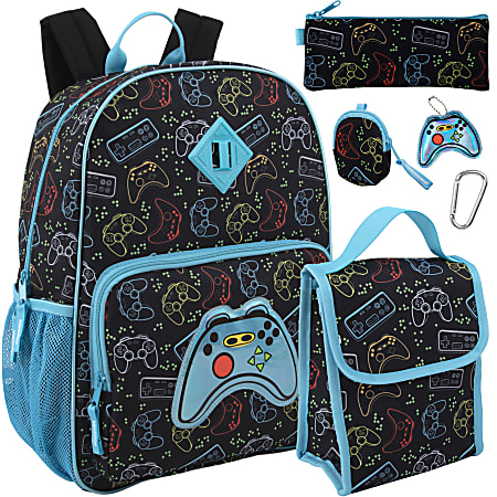 Trailmaker 6-in-1 Gamer’s Print Backpack With Matching Lunch Bag, Pencil Case, Tech Pouch, Keychain & Carabiner Clip, Black/Blue