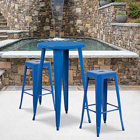Flash Furniture Commercial-Grade Round Metal Indoor/Outdoor Bar Table Set With 2 Square-Seat Backless Stools, 41"H x 24"W x 24"D, Blue