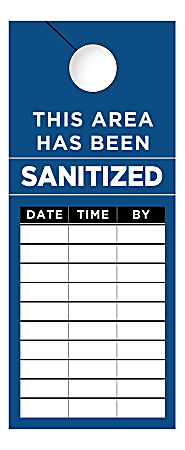 COSCO This Area Has Been Sanitized Door Hanger Signs, 3-1/2" x 8-1/2", Blue/Black/White, Pack Of 50 Signs