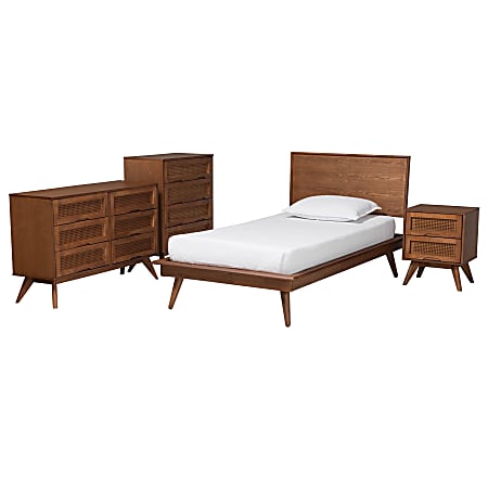 Baxton Studio Melora Mid-Century Modern Finished Wood/Rattan 4-Piece Bedroom Set, Twin Size, Walnut Brown