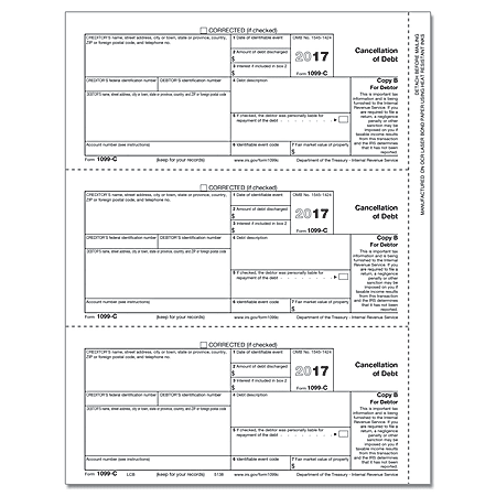 ComplyRight 1099-C Inkjet/Laser Tax Forms For 2017, Copy B, 3-Up, 8 1/2" x 11", Pack Of 50