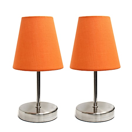 Simple Designs Mini Basic Table Lamps, 10-5/8"H, Orange Shade/Sand Nickel Base, Set Of 2 Lamps