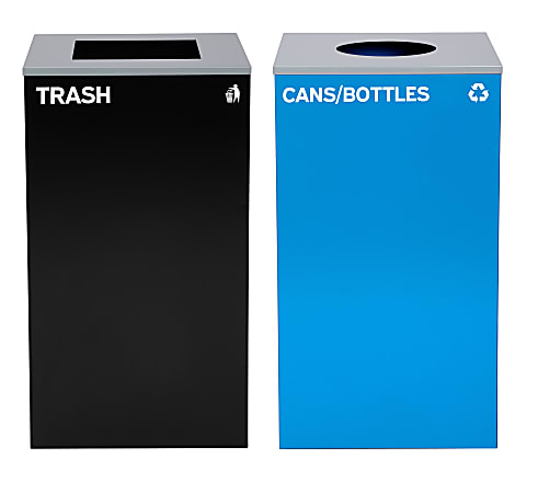 Alpine Industries Stainless-Steel Open Top Cans/Bottles Recycling And Trash Can Set With Square And Circle Lids, 29 Gallons, 30”H x 16-15/16”W x 16-15/16”D, Black/Blue, Set Of 2 Trash Cans