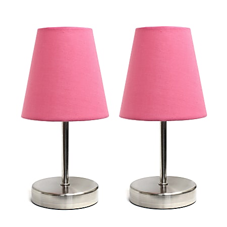 Simple Designs Mini Basic Table Lamps, 10-5/8"H, Pink Shade/Sand Nickel Base, Set Of 2 Lamps