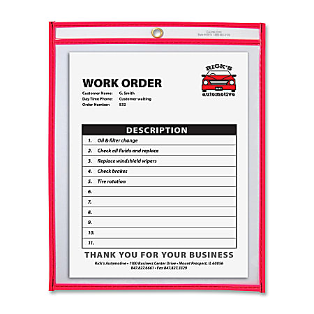 C-Line® Neon Color Stitched Shop Ticket Holder, 9" x 12", Neon Red