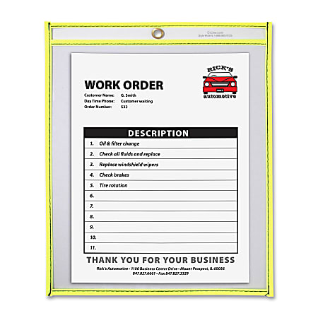 C-Line® Neon Color Stitched Shop Ticket Holder, 9" x 12", Neon Yellow