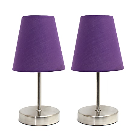 Simple Designs Sand Nickel Mini Basic Table Lamp Set with Purple Fabric Shades