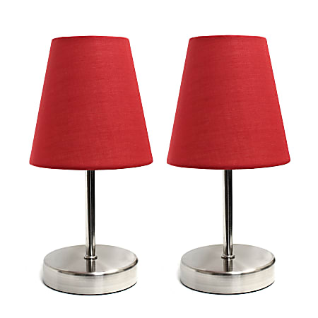 Simple Designs Sand Nickel Mini Basic Table Lamp Set with Red Fabric Shades