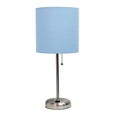 LimeLights Brushed Steel Stick Lamp with Charging Outlet and Blue Fabric Shade