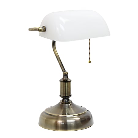 Simple Designs Executive Banker's Desk Lamp with Glass Shade, 14.75"H, White
