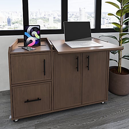 Realspace® 40”W Multifunction Mobile File Cabinet Printer Stand with Integrated Power & Charging, Brown Oak, BIFMA Compliant