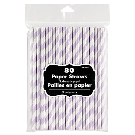 Amscan Striped Paper Straws, 7-3/4", Lavender, Pack Of 80 Straws