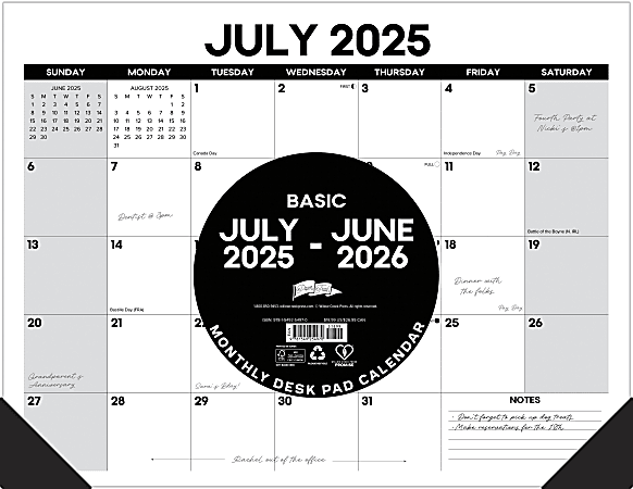 2025-2026 Willow Creek Press Academic Monthly Desk Pad Calendar, 22" x 17", Basic, July 2025 To June 2026, 54970