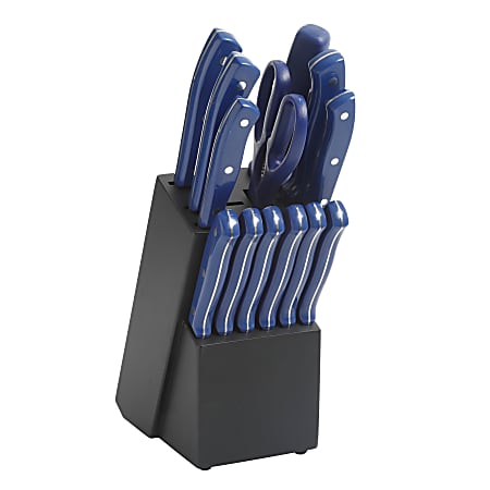 Oster Evansville 14-Piece Stainless-Steel Cutlery Set With Rubberwood Block, Blue