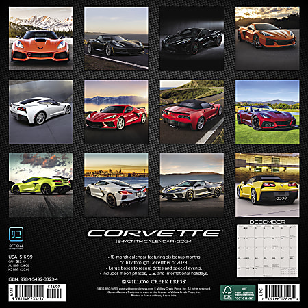 2024 Willow Creek Press Hobbies Monthly Wall Calendar, 12" x 12", Corvette, January To December