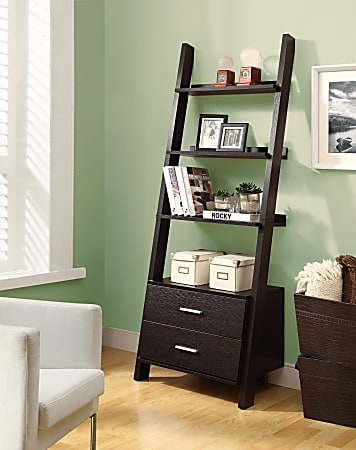 Monarch Specialties 4-Shelf Ladder Bookcase With 2 Drawers, Cappuccino