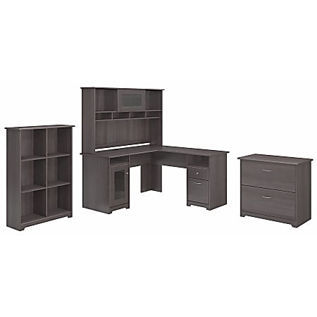 Bush Furniture Cabot 96" L-Shaped Desk And Hutch With 6-Cube Bookcase And Lateral File Cabinet, Heather Gray, Standard Delivery