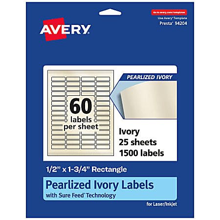 Avery® Pearlized Permanent Labels With Sure Feed®, 94204-PIP25, Rectangle, 1/2" x 1-3/4", Ivory, Pack Of 1,500 Labels