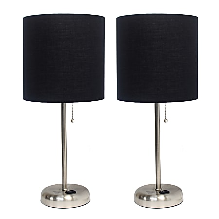 LimeLights Brushed Steel Stick Lamp with Charging Outlet and Black Fabric Shade 2 Pack Set