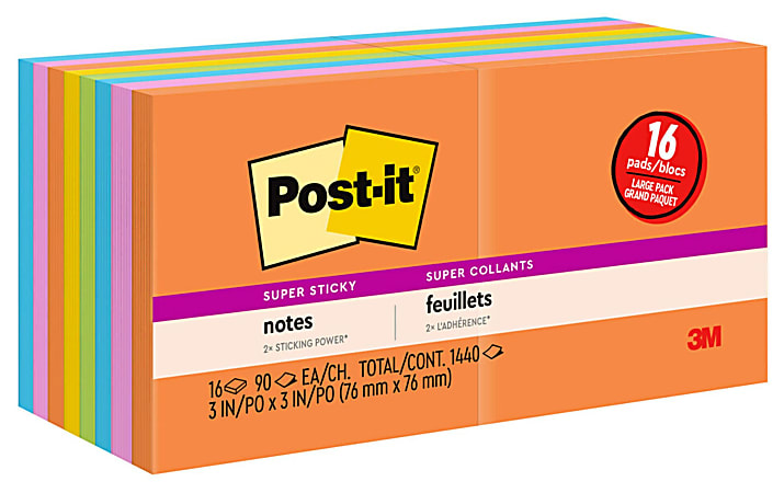 Post-it Super Sticky Notes, 3 in x 3 in, 16 Pads, 90 Sheets/Pad, 2x the Sticking Power, Energy Boost Collection