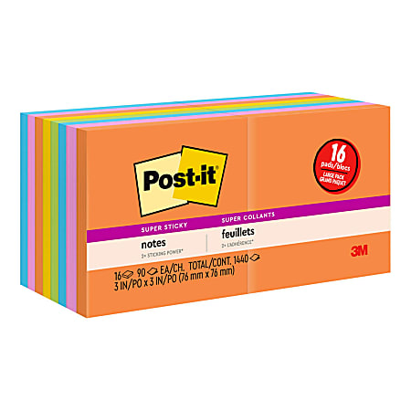 Post-it Super Sticky Notes, 3 in x 3 in, 16 Pads, 90 Sheets/Pad, 2x the Sticking Power, Energy Boost Collection