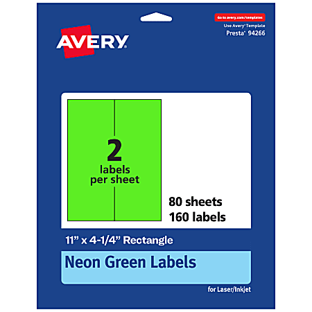 Avery® Printable Labels, 94266-NGP80, Rectangle, 11" x 4-1/4", Matte Neon Green, Pack of 160