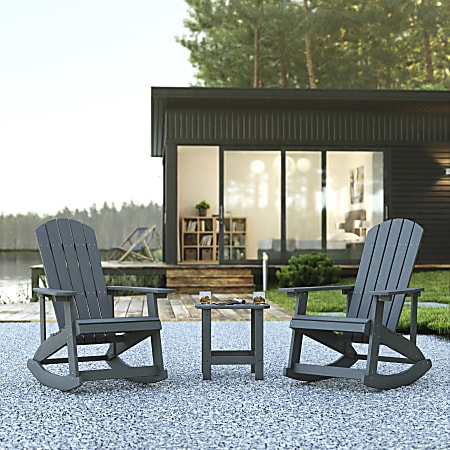 Flash Furniture Savannah All-Weather Poly Resin Wood Adirondack Rocking Chairs With Side Table, 39-1/2”H x 29-1/2”W x 37-3/4”D, Gray